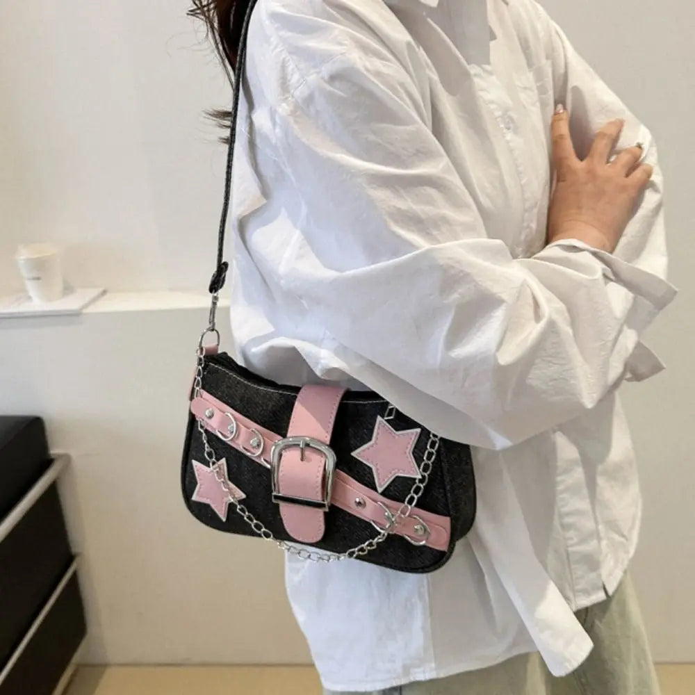 Y2k Fashion Women's Handbags Stars Pattern Cool Girls Underarm Bag Fashion Female Small Shoulder Bags Chain Tote Purses
