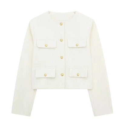 Women Elegant Cropped Jacket 2025 Women's Fashion Jacket O-Neck Long Sleeved Flip Pocket Coat Female Casual Outwear Tops