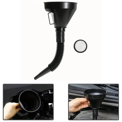 Refueling funnel with filter for automobiles, motorcycles, and transmissions. Oil and water funnel with filter