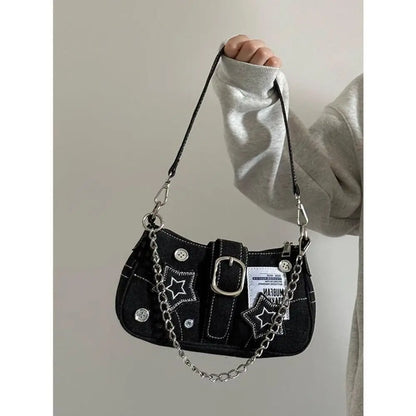 Fashion Women's Handbags Denim Stars Pattern Cool Girls Y2K  Underarm Bag Canvas Female Small Shoulder Bags Chain Tote Bag
