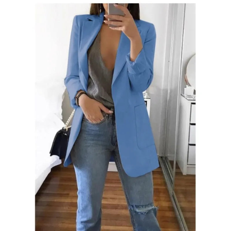 Autumn And Winter Women's Fashion Solid Color Polo Neck Slim Fit Coat Elegant Women's Long Sleeve Pocket Casual Suit Coat S-3XL