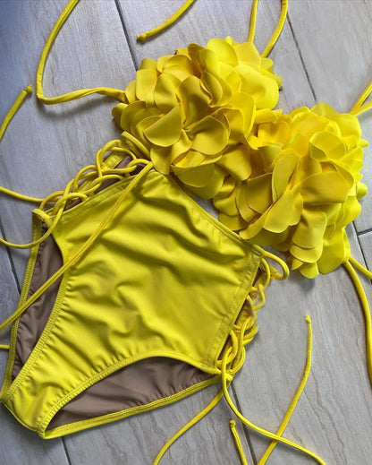 2026 New Summer New Sexy Petal Push Up Backless Bikini Set Women Fashion Flower Ruffles Bikini Lady Solid Beachwear Bathing Suit