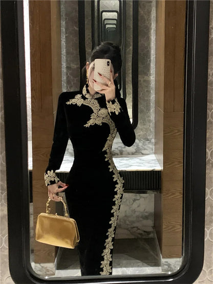 Ladies Mature Sheath Bodycon Black Dress with Long Sleeves Winter Autumn New Chinese Style Embroidery Velvet Modified Cheongsam