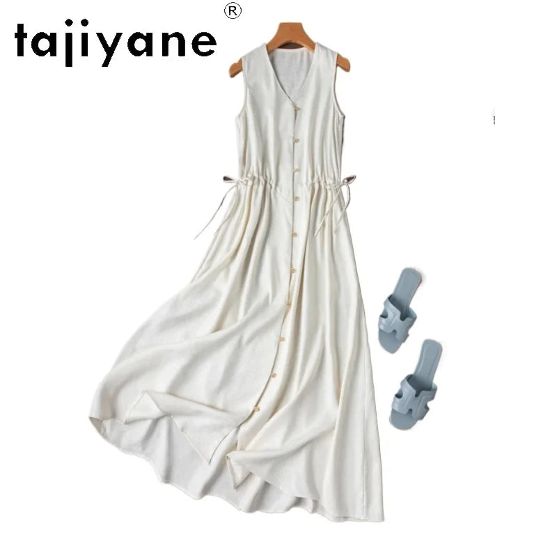 TAJIYANE 100% Mulberry Silk Dress Woman Summer 2025 Long Tank Dresses Vacation V-neck White Frocks Ladies Clothes Robes Longues
