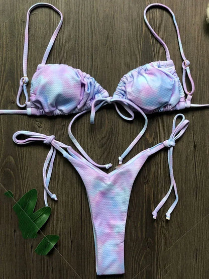 Sexy Printed Ruffled Frilled Thong Bikini Women Swimwear Female Swimsuit Two Pieces Bikini set Micro String Bathing Suit Swim