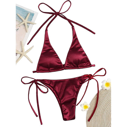 Brazilian Bikini Set Women Halter Neck Triangle Cup Swimwear Low Waist Satin Bandage Bikini Swimwear Summer Beach Bathing Suit