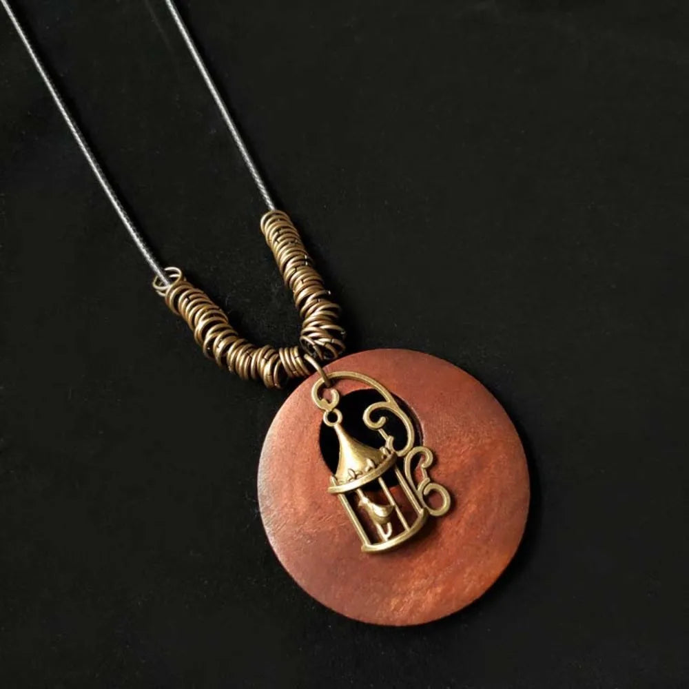 Retro Ethnic Round Wooden Leaf Owl Long Sweater Chain Necklace Women Vintage Clock Pendant Female Jewelry Neck Accessories Gifts