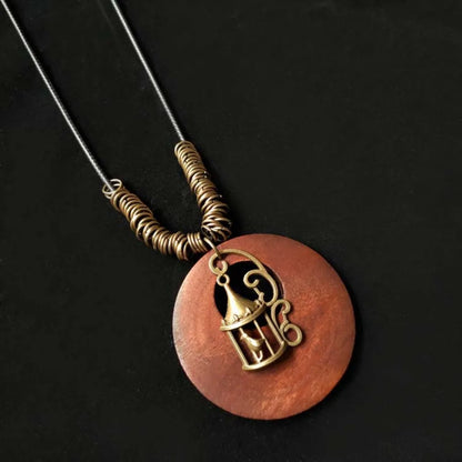 Retro Ethnic Round Wooden Leaf Owl Long Sweater Chain Necklace Women Vintage Clock Pendant Female Jewelry Neck Accessories Gifts