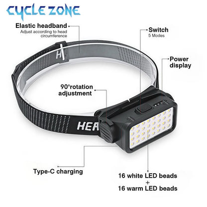 Rechargeable Headlamp with 32 LED 5 Modes Adjustable Headlight Portable for Outdoor Adventures at Night Fishing Walking Hiking