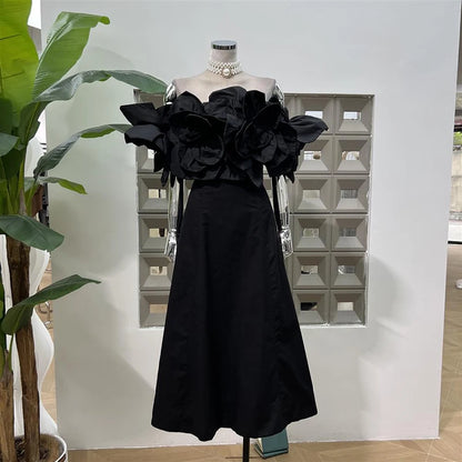 KBQ Spliced Appliques Tunic A Line Dresses for Women Slash Neck Off The Shoulder Sleeve Backless High Waist Sweet Dress Female