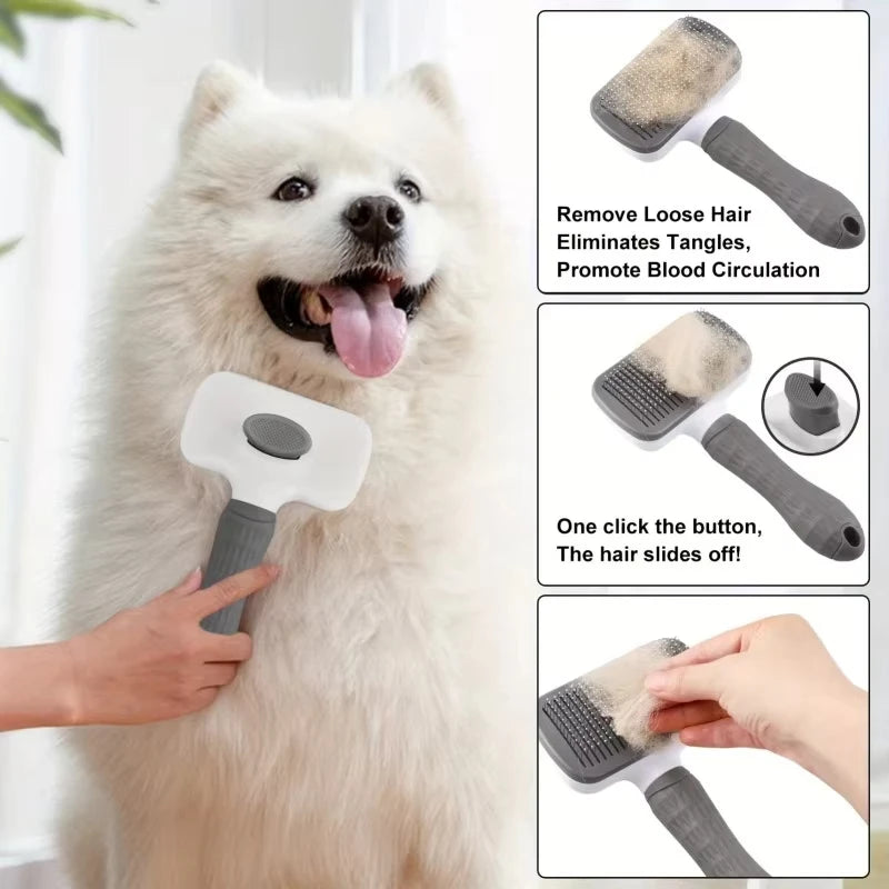 Pet Grooming Brush with One-Click Hair Removal, Bent Needle Massaging Comb for Dogs & Cats