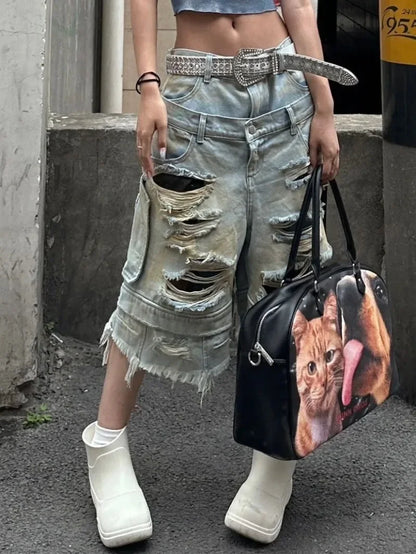 Y2K Fashion New Holes Do Old Washed Baggy Denim Shorts Female Gothic Harajuku Popular Casual Joker High Waist Wide Leg Pants