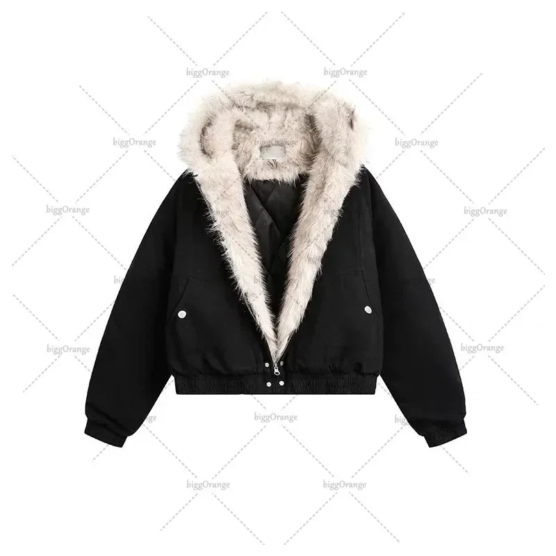 Retro Gothic Brown Plush Fur Leather Jacket Women Fashion Classic Vintage Autumn And Winter Zipper Casual Motorcycle Jacket