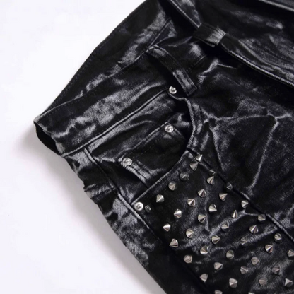 2025 new retro punk high street trendy rivet design black slim fit buckle men's jeans fashion classic denim pants