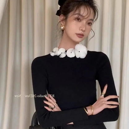 KUSAHIKI Elegant Flowers Stand Neck Slim Pullover Knitwear Tops 2024 Spring New Bottoming Women Knitted Sweater Sueter Mujer