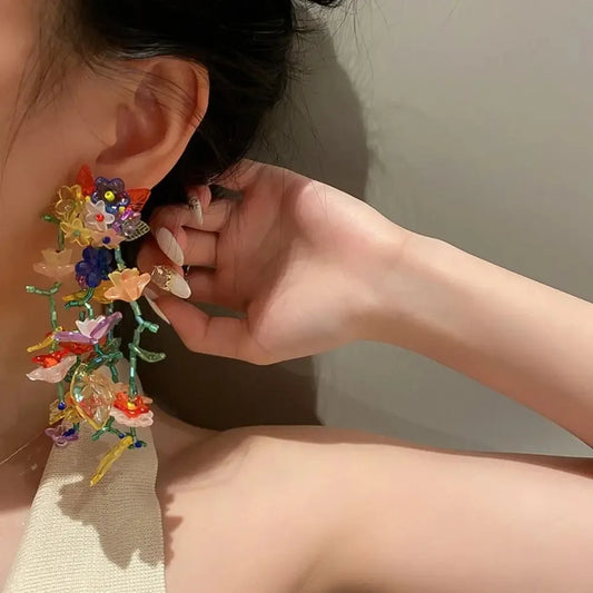 1pair Bohemia Hanging Earrings Colorful Flower Earrings Jewelry Long Tassel Earrings Handmade Beaded Transparent Flower Earrings