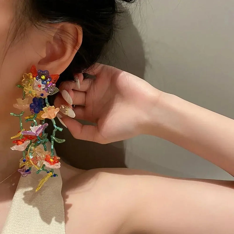 1pair Bohemia Hanging Earrings Colorful Flower Earrings Jewelry Long Tassel Earrings Handmade Beaded Transparent Flower Earrings