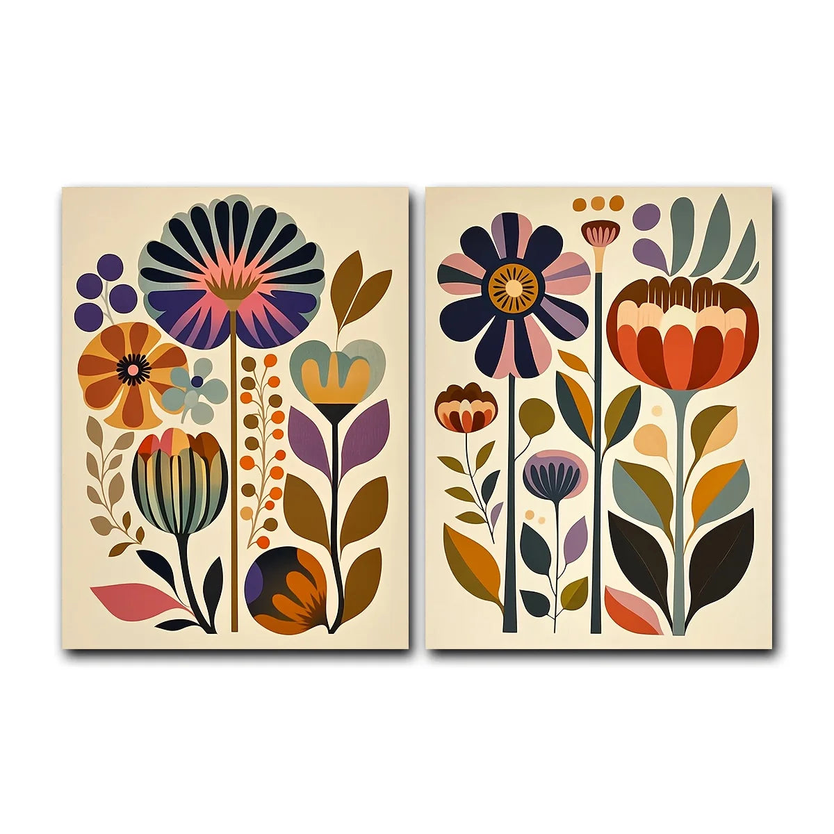 2pcs Modern Scandinavian Wall Art Posters, Noframed Norwegian Folk Decor Boho Floral Print,Nordic Painting for Living Room Decor