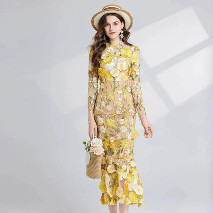 Designer Summer Autumn Flower Embroidery Lace Prom Evening Dress Women Mesh Tulle Bodycon Pencil Long Sleeve Midi Dresses Party