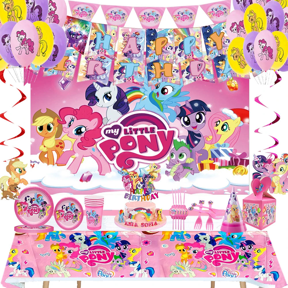 My Little Pony themed children's birthday party supplies, girls' first birthday tablecloth, tableware, paper cups, flag-raising