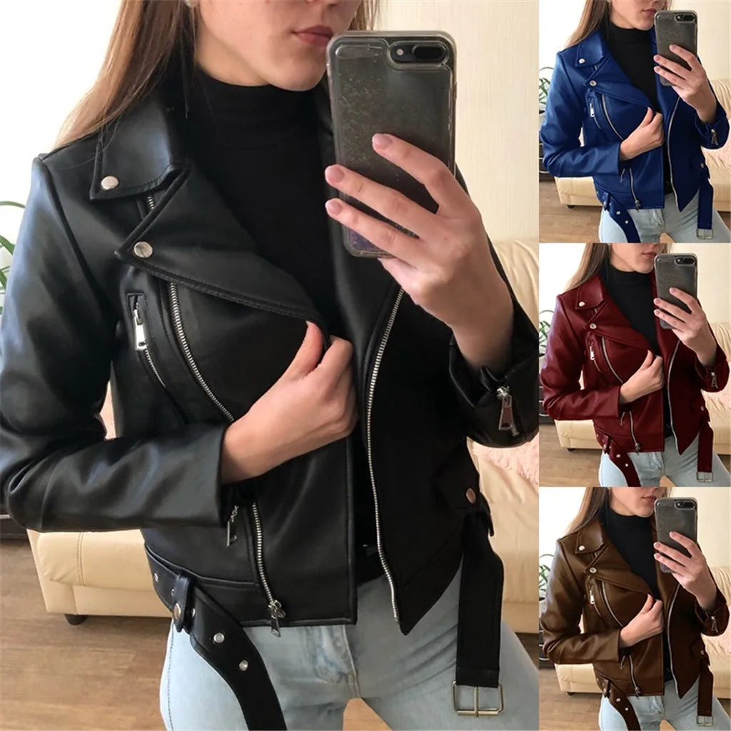 Women Vintage Faux Leather Bomber Jacket Slim Fit Long Sleeve Zipper Windbreaker Motorcycle Leather Jackets Casual Outwears