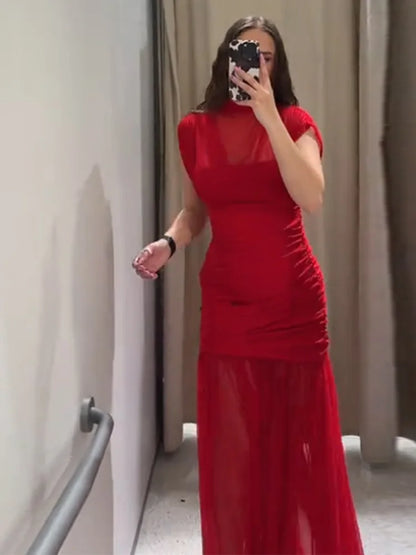 Sexy Red Pleated Mesh Long Red Dress Sleeveless See Through Patchwork A-line Party Dresses Female 2025 Summer Lady Slim Robes