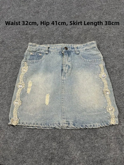 Sexy American Vintage Low Waist Denim  Skirt for Students Z4 Antiquing Y2K Trendy ort Skirt with Handmade Ripped And Fo...