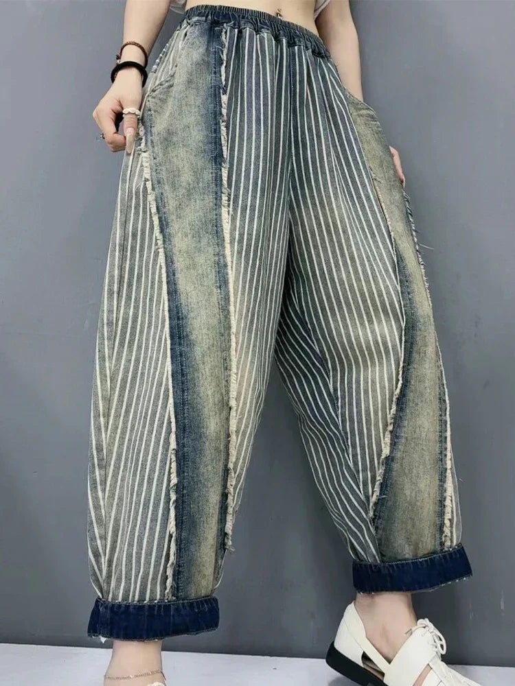 Amax luluE 2024 Summer Females Fashion Denim Pants Women Loose Vintage Striped Design Jeans Ladies Casual Classic Harem Trousers
