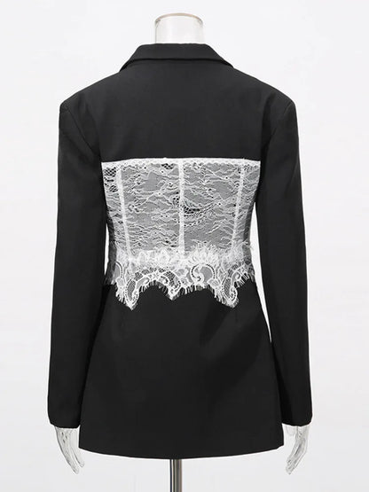 ZMEENNA Women's Black Blazer With White Lace Corset Detail Long Sleeve Formal Jacket For Evening Party Stylish ZM3540