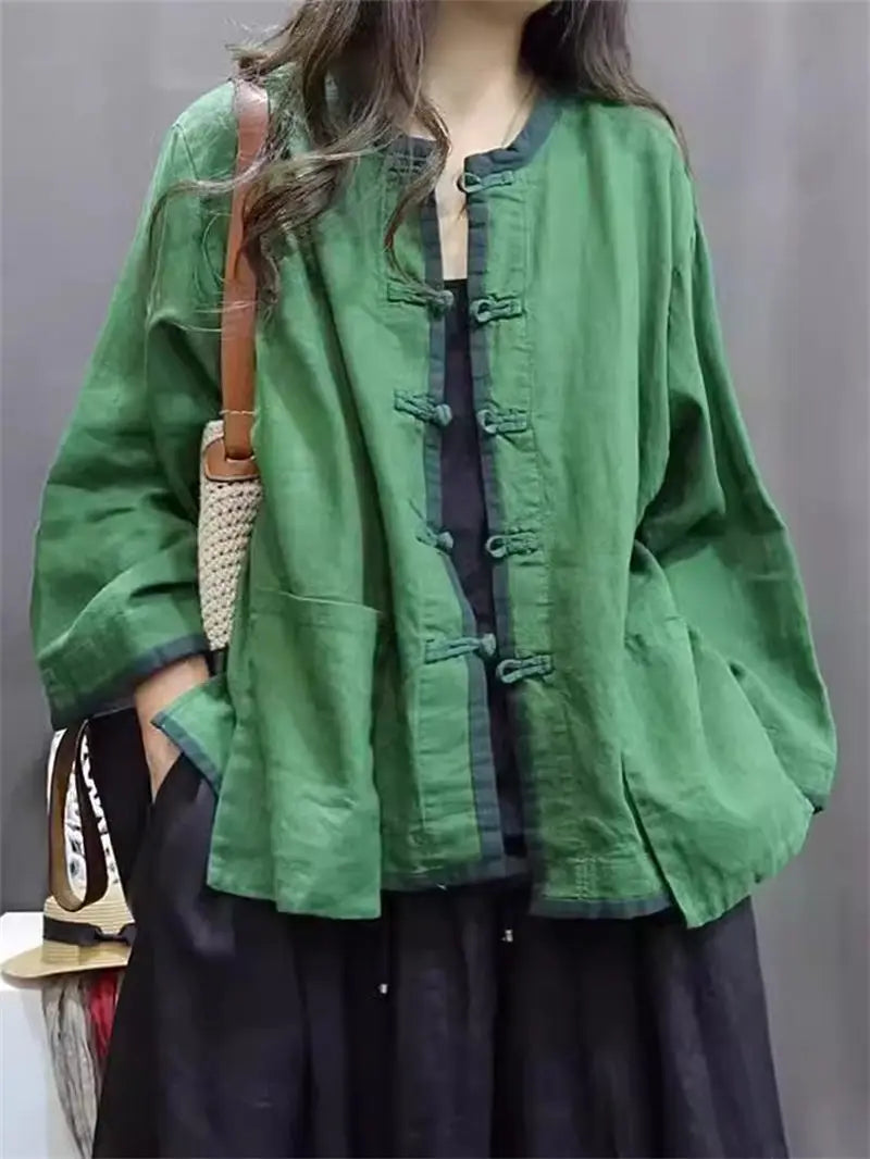 Linen Shirt Jacket Chinese Style Contrasting Color Plate Buckle Cardigan Women's Stand Up Collar Retro Casual Loose Top K1861