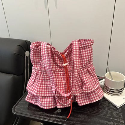 Women's Tote Bag Ruffles Plaid Drawstring Handbag Women Fashion Canvas Shoulder Bags	Large Capacity Korean Bags Bolsos De Mujer