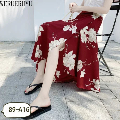 WERUERUYU Wrap Skirts Women Casual Chiffon Tie-Waist Ruffle Wide Leg Loose
