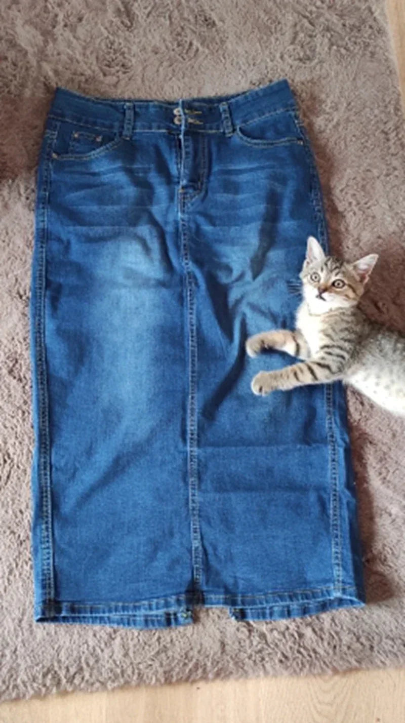 Denim Skirt Women 2025 Long Jean Skirt High Waist Pencil Skirt Ladies Stretch Clothes Black Blue Faldas Largas Jupe Longue Femme
