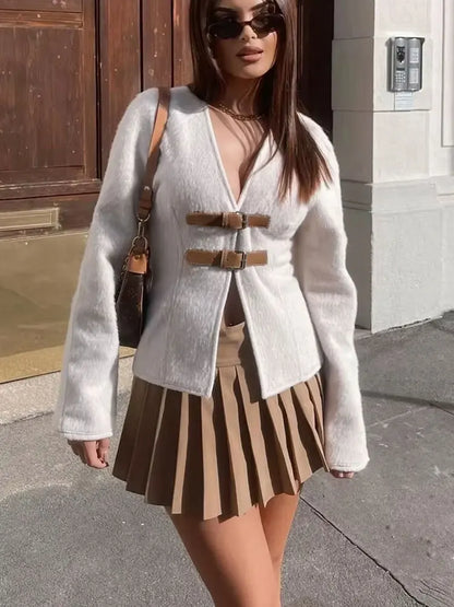 HH 2024Female Autumn Fashion Casual Coats Long Sleeves Belt Decoration Cardigan Solid V-Neck Slim 2-Colors Elegant Retro Top