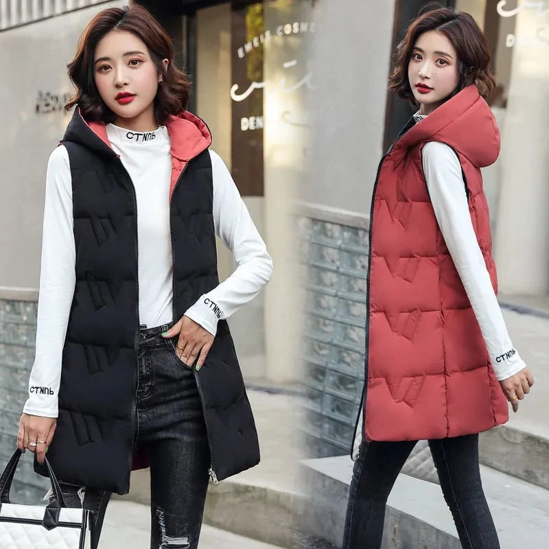 Double Side Vest Korean Slim Hooded Down Cotton Vest Women Waistcoat Sleeveless Jacket 2022 Autumn Winter Jacket Female Coat