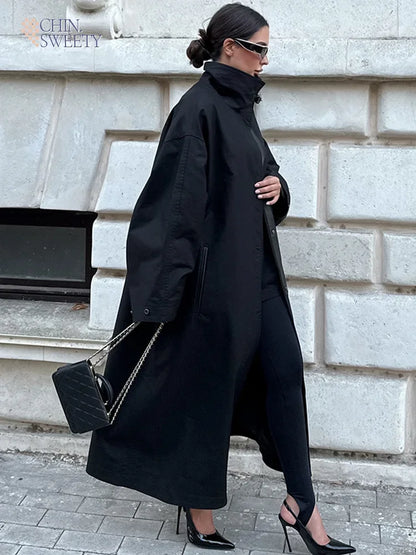 Women's Windproof Trench Coat Chic Long Sleeve Loose Fit Overcoats Stand Collar Long Jackets 2025 Lady Street Fashion Outerwears