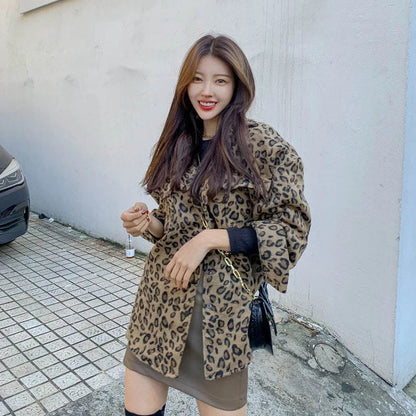 Retro Leopard Print Woolen Coat Women's Autumn Winter Thiened Loose Design Sense Faionable irt  Collar Button up