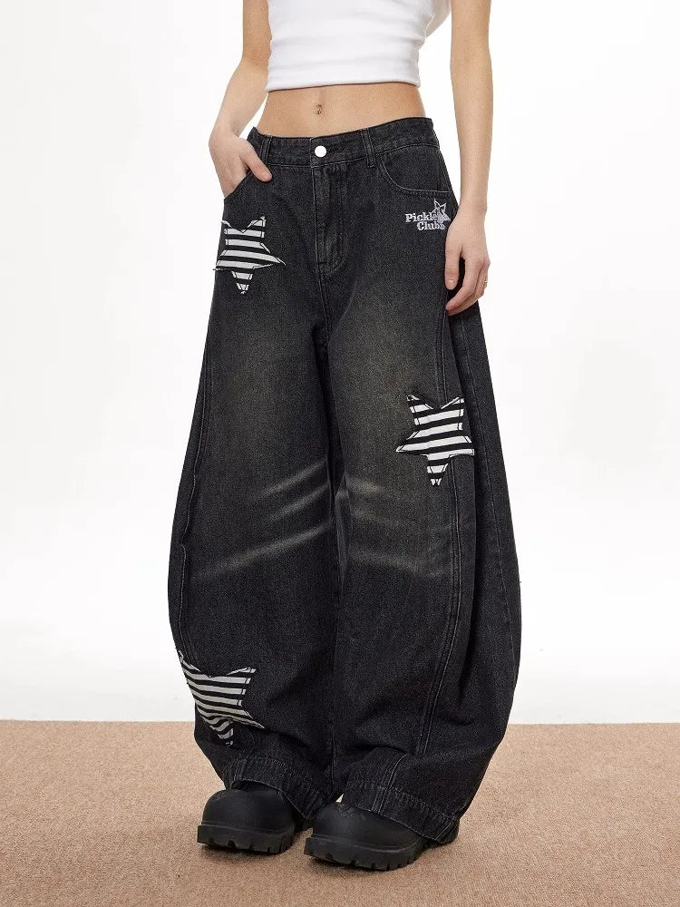 American Retro Jeans Five-point Star Raw Edge Splicing Loose Wide-leg Jeans Women Look Thin Trendy All-match Mopping Pants Women