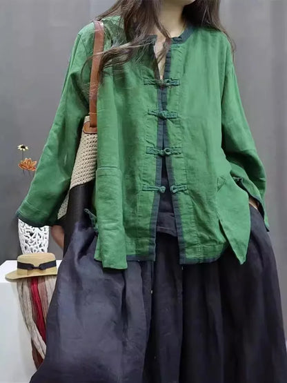 Linen Shirt Jacket Chinese Style Contrasting Color Plate Buckle Cardigan Women's Stand Up Collar Retro Casual Loose Top K1861