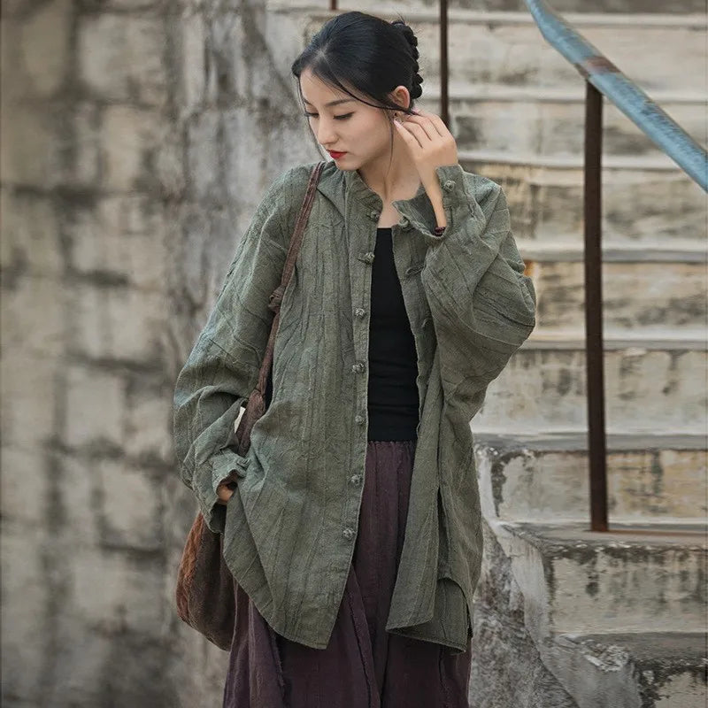 Johnature Women Vintage Ramie Shirt Jackets Stand Long Sleeve High Quality Coats 2025 Autumn New Button Loose Women Jackets