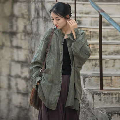 Johnature Women Vintage Ramie Shirt Jackets Stand Long Sleeve High Quality Coats 2025 Autumn New Button Loose Women Jackets
