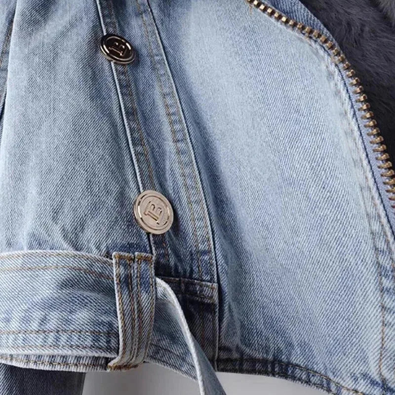 Women Faux Fox Fur Collar Jean Coat Winter Denim Jacket Female Short Warm Parkas Rabbit Hair Lining Outwear Fashion Overcoat