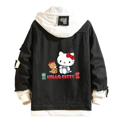 Anime Sanrio Denim Bomber Jacket Hello Kitty Hooded Jeans Sweatshirt Unisex Ripped Hole Cosplay Hoodie Long-Sleeved Denim Jacket