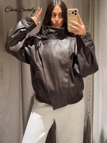 Vintage Stand Neck Leather Jacket Women Solid Motorcycle Style Asymmetry Elastic Hem Loose Cropped Jackets Lady New Outwear 2026