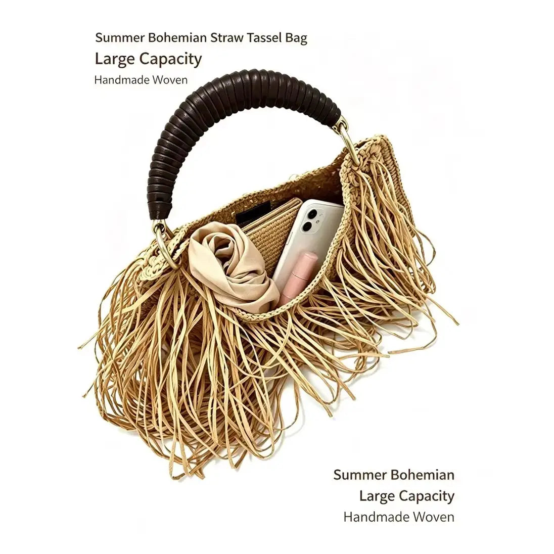Pure hand-woven women's bags niche design ethnic holiday style straw woven fringed portable shoulder women's bags