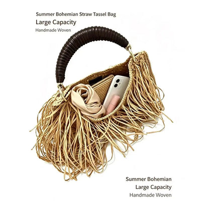 Pure hand-woven women's bags niche design ethnic holiday style straw woven fringed portable shoulder women's bags