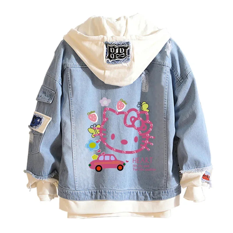 Anime Sanrio Denim Bomber Jacket Hello Kitty Hooded Jeans Sweatshirt Unisex Ripped Hole Cosplay Hoodie Long-Sleeved Denim Jacket