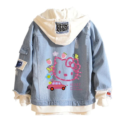 Anime Sanrio Denim Bomber Jacket Hello Kitty Hooded Jeans Sweatshirt Unisex Ripped Hole Cosplay Hoodie Long-Sleeved Denim Jacket