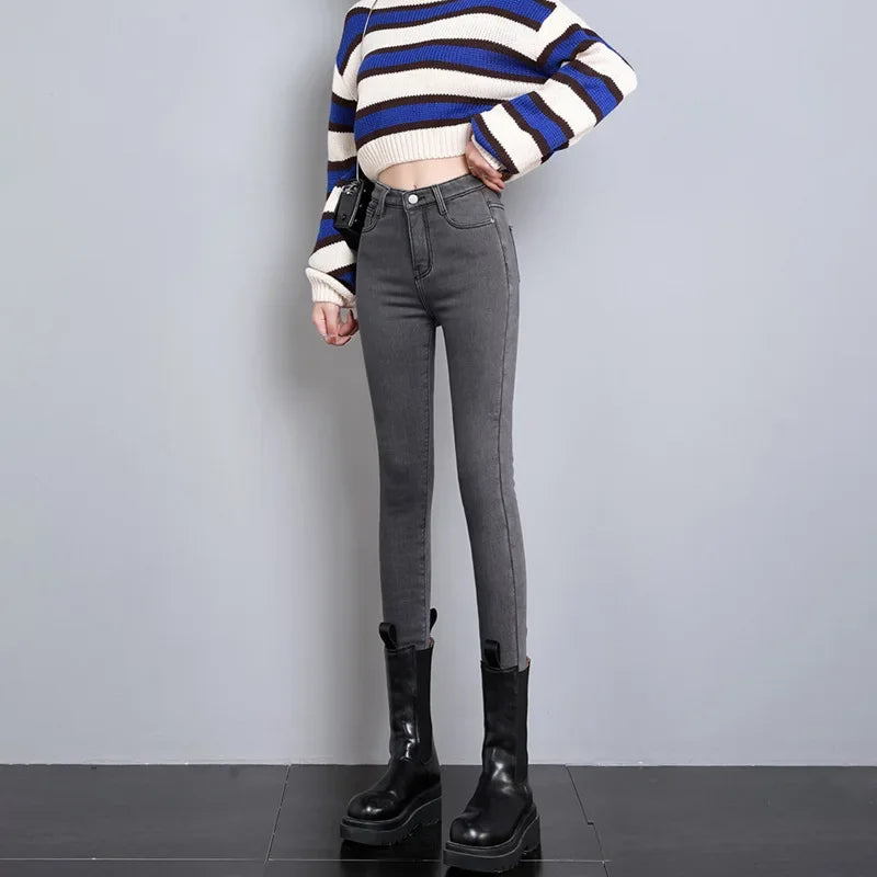 Pure Color Fleece Lined Thickened Slim Fit High Waist Jeans Women's Fashion plus Size Long Pants Tight Bodycon Style