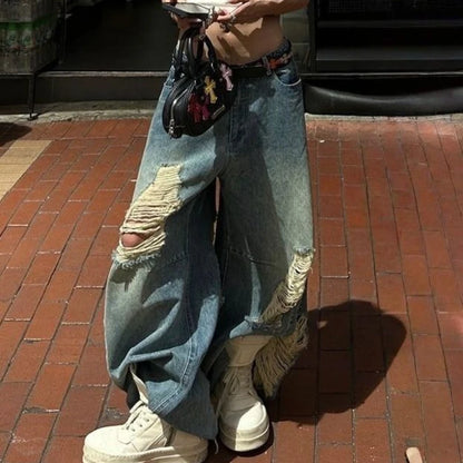 American high street ripped old jeans women ins autumn retro Harajuku loose straight wide-leg floor pants women jeans